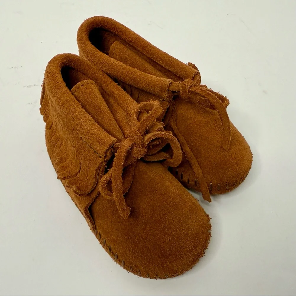 Minnetonka Brown Suede Baby Moccasins with Fringe